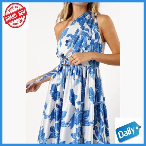 One Shoulder Midi Dress with Elastic Waist, A-Line Silhouette, Polyester